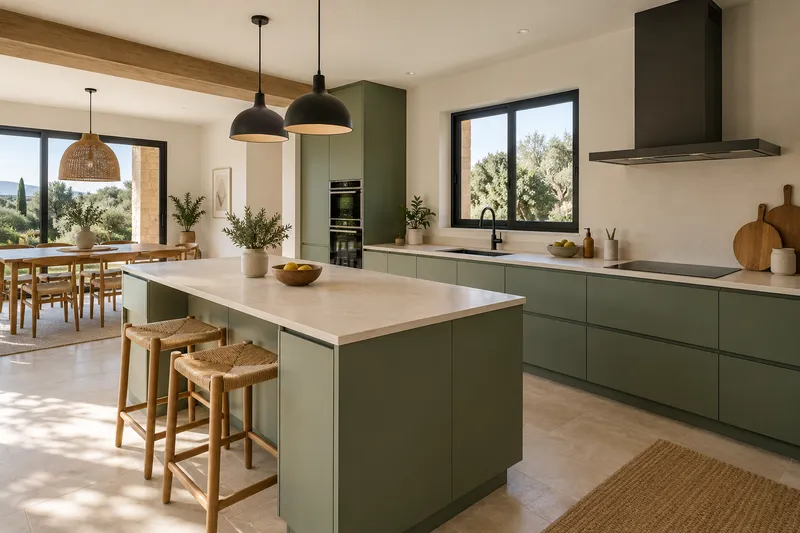 Visualización conceptual IA de cocina: Cocinas de César Molina. Vista del espacio y su mobiliario.